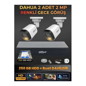2 Kameralı 2MP Gece Renkli Güvenlik Kamerası Seti, 250 GB HDD, FullHD İç Dış Mekan Uyumlu
