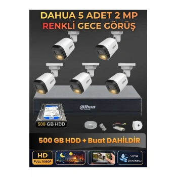 5 Kameralı 2MP Gece Renkli Güvenlik Kamerası Seti, 500 GB HDD, FullHD İç Dış Mekan Uyumlu