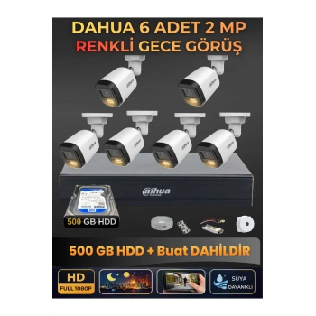 6 Kameralı 2MP Gece Renkli Güvenlik Kamerası Seti, 500 GB HDD, FullHD İç Dış Mekan Uyumlu