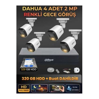 4 Kameralı 2MP Gece Renkli Güvenlik Kamerası Seti, 320 GB HDD, FullHD İç Dış Mekan Uyumlu