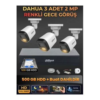 3 Kameralı 2MP Gece Renkli Güvenlik Kamerası Seti, 500 GB HDD, FullHD İç Dış Mekan Uyumlu