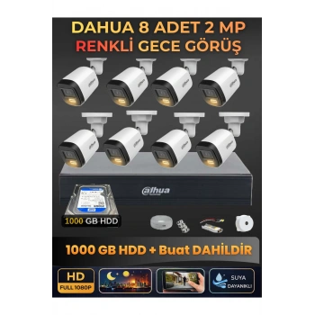 8 Kameralı 2MP Gece Renkli Güvenlik Kamerası Seti, 1000 GB HDD, FullHD İç Dış Mekan Uyumlu