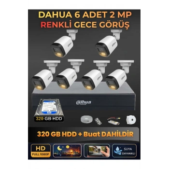 6 Kameralı 2MP Gece Renkli Güvenlik Kamerası Seti, 320 GB HDD, FullHD İç Dış Mekan Uyumlu