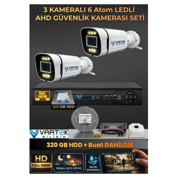 2 Kameralı 6 Atom Led Gece Renkli Görüşlü Güvenlik Kamerası Seti + 320 GB HDD