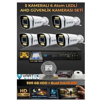 5 Kameralı 6 Atom Led Gece Renkli Görüşlü Güvenlik Kamerası Seti + 500 GB HDD