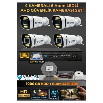 4 Kameralı 6 Atom Led Gece Renkli Görüşlü Güvenlik Kamerası Seti + 1 TB HDD