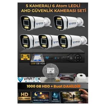 5 Kameralı 6 Atom Led Gece Renkli Görüşlü Güvenlik Kamerası Seti + 1000 GB HDD