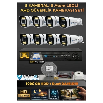 8 Kameralı 6 Atom Led Gece Renkli Görüşlü Güvenlik Kamerası Seti + 1 TB HDD