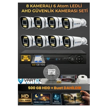 8 Kameralı 6 Atom Led Gece Renkli Görüşlü Güvenlik Kamerası Seti + 500 GB HDD