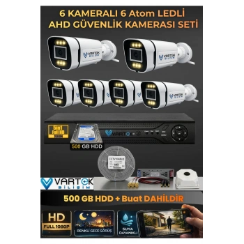6 Kameralı 6 Atom Led Gece Renkli Görüşlü Güvenlik Kamerası Seti + 500 GB HDD