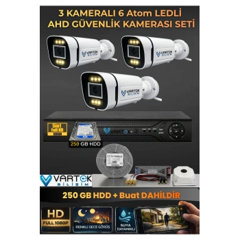 3 Kameralı 6 Atom Led Gece Renkli Görüşlü Güvenlik Kamerası Seti + 250 GB HDD