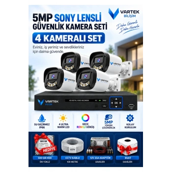 5MP Gülenyüz Gece Renkli Güvenlik Kamerası Seti, 4 Kameralı 250 GB Hediyeli