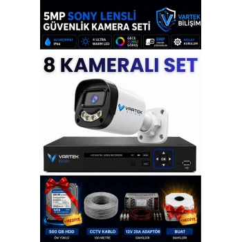 8 Kameralı Full HD Güvenlik Kamera Seti 500GB HDD HEDİYE 5MP Gece (Renkli) Görüşlü - Sabit IP Gerektirmez