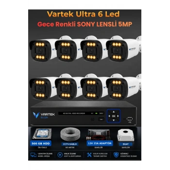 8 Kameralı Ultra 6 Ledli 5MP Sony Lensli Gece Renkli Güvenlik Kamerası Seti 500 GB HDD
