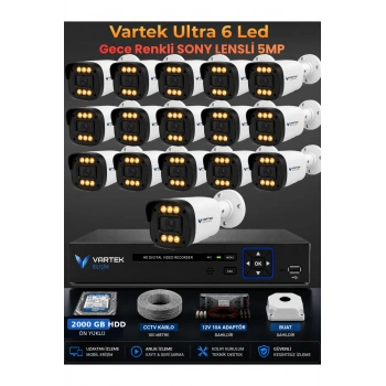 16 Kameralı Ultra 6 Ledli 5MP Sony Lensli Gece Renkli Güvenlik Kamerası Seti 2000 GB HDD