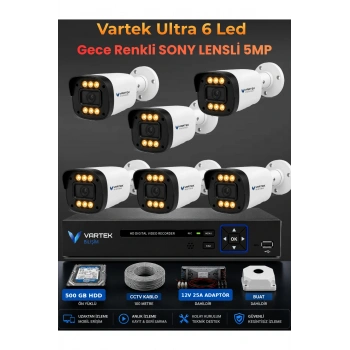 6 Kameralı Ultra 6 Ledli 5MP Sony Lensli Gece Renkli Güvenlik Kamerası Seti 5 00GB HDD