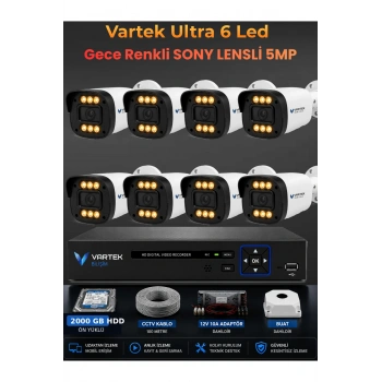 8 Kameralı Ultra 6 Ledli 5MP Sony Lensli Gece Renkli Güvenlik Kamerası Seti 2000 GB HDD