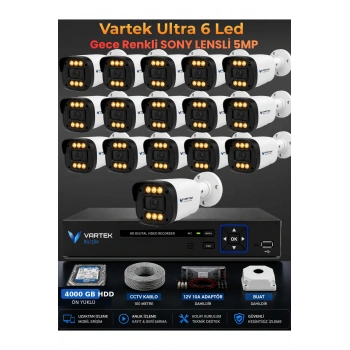 16 Kameralı Ultra 6 Ledli 5MP Sony Lensli Gece Renkli Güvenlik Kamerası Seti 4000 GB HDD