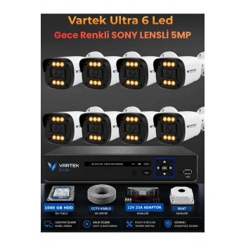 8 Kameralı Ultra 6 Ledli 5MP Sony Lensli Gece Renkli Güvenlik Kamerası Seti 1000 GB HDD