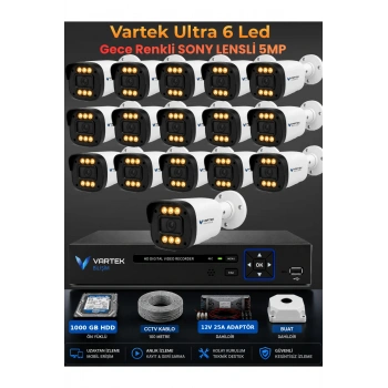 16 Kameralı Ultra 6 Ledli 5MP Sony Lensli Gece Renkli Güvenlik Kamerası Seti 1000 GB HDD