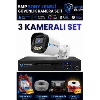 3 Kameralı Full HD Güvenlik Kamera Seti 250GB HDD HEDİYE 5MP Gece (Renkli) Görüşlü - Sabit IP Gerektirmez