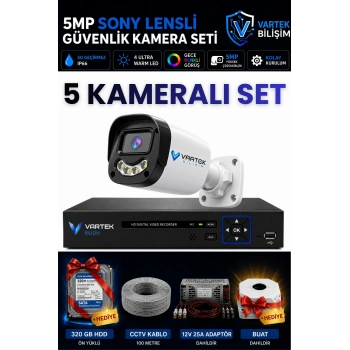 5 Kameralı Full HD Güvenlik Kamera Seti 320 GB HDD HEDİYE 5MP Gece (Renkli) Görüşlü - Sabit IP Gerektirmez