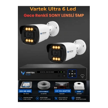 2 Kameralı Ultra 6 Ledli 5MP Sony Lensli Gece Renkli Güvenlik Kamerası Seti 320 GB HDD