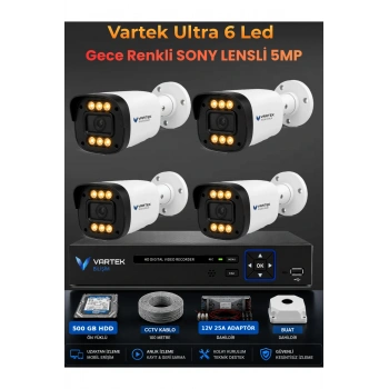 4 Kameralı Ultra 6 Ledli 5MP Sony Lensli Gece Renkli Güvenlik Kamerası Seti 500 GB HDD