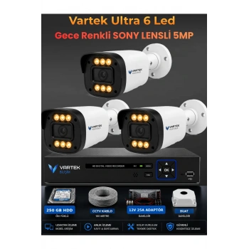 3 Kameralı Ultra 6 Ledli 5MP Sony Lensli Gece Renkli Güvenlik Kamerası Seti 250 GB HDD