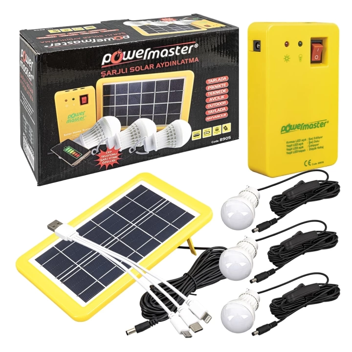 ShopZum PM-8905 GÜNEŞ PANELLİ 3 LAMBALI ShopZum POWERBANK ÖZELLİKLİ ÇOK AMAÇLI ŞARJLI SOLAR AYDINLATMA