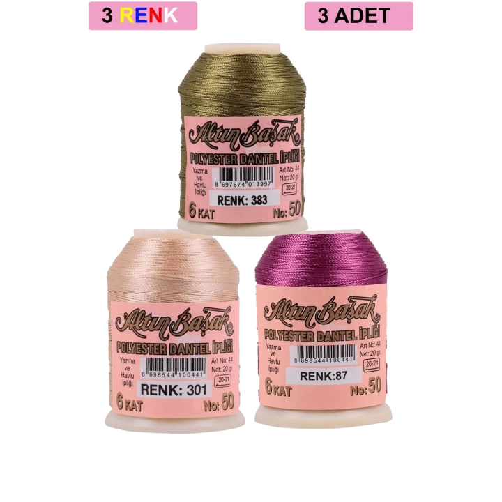 3 Adet Altınbaşak Oya ve Dantel İpi 20 gr - Royaleks - No: 301 - 087 - 383