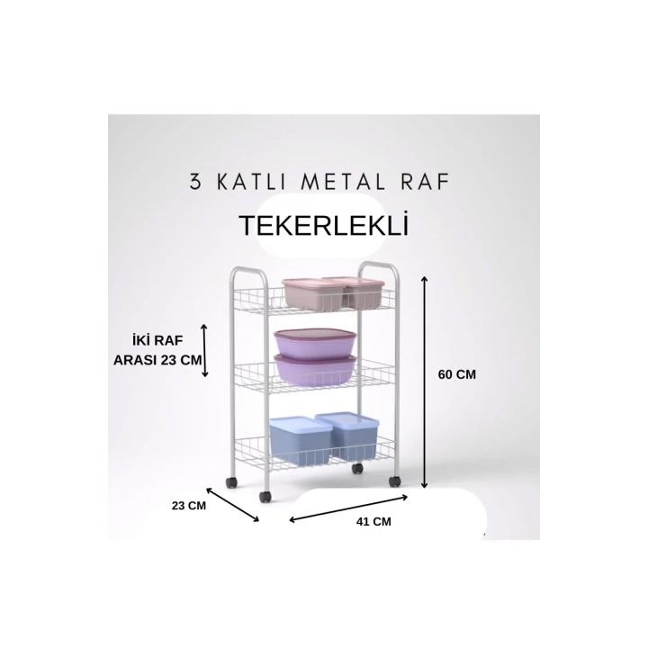 3 Katlı Metal Raf Tekerlekli- Düzenleyici - Organizatör (DEMONTE)