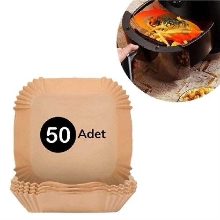 50 Adet ShopZum Air Fryer Pişirme Kağıdı Tek Kullanımlık Hava Fritöz Yağ Geçirmez Yapışmaz Kare Tabak Model