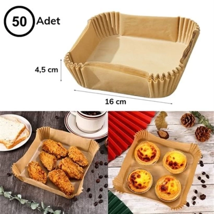 50 Adet ShopZum Air Fryer Pişirme Kağıdı Tek Kullanımlık Hava Fritöz Yağ Geçirmez Yapışmaz Kare Tabak Model