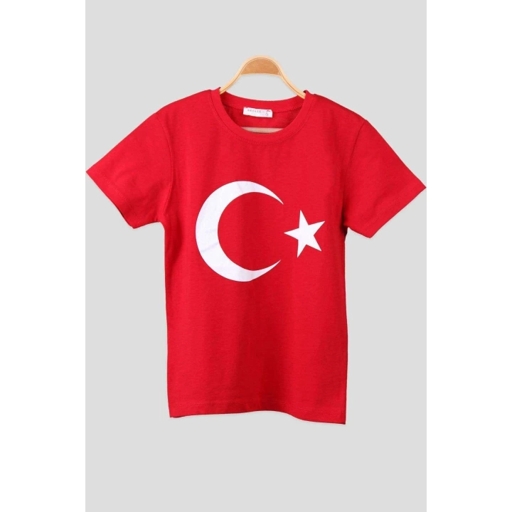 Atatürk ve İmzası Ay Yıldız Bayrak Baskılı Kombin Penye Çocuk Genç  Beyaz Kırmızı T-shirt