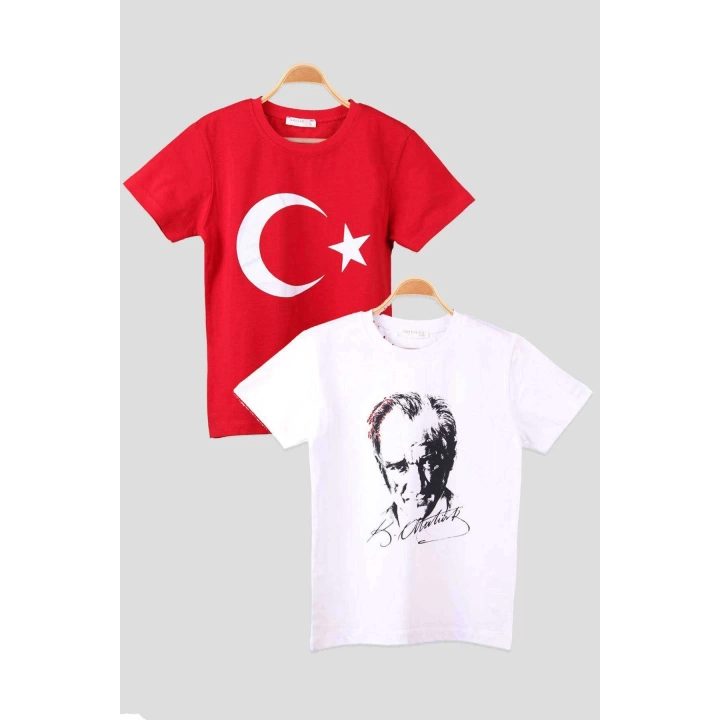 Atatürk ve İmzası Ay Yıldız Bayrak Baskılı Kombin Penye Kadın Beyaz Kırmızı T-shirt