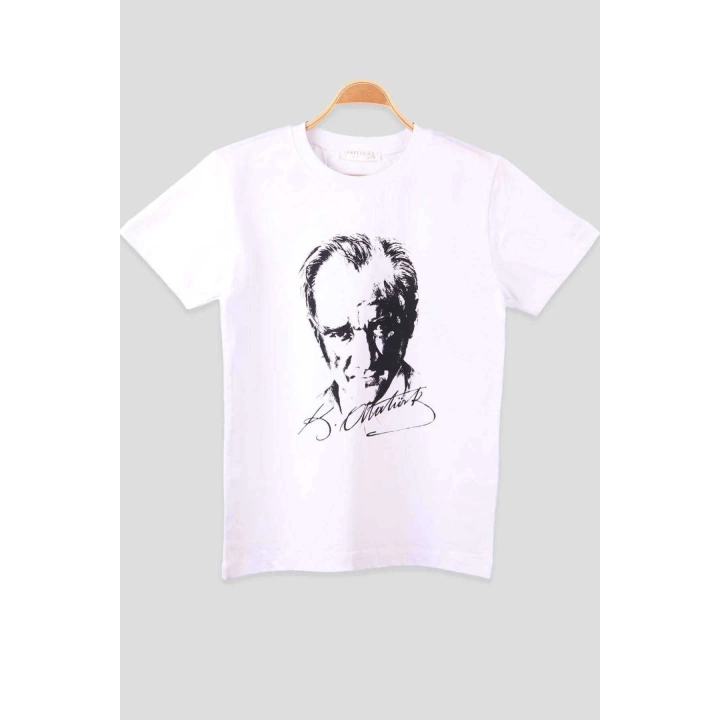 Atatürk ve İmzası Ay Yıldız Bayrak Baskılı Kombin Penye Kadın Beyaz Kırmızı T-shirt