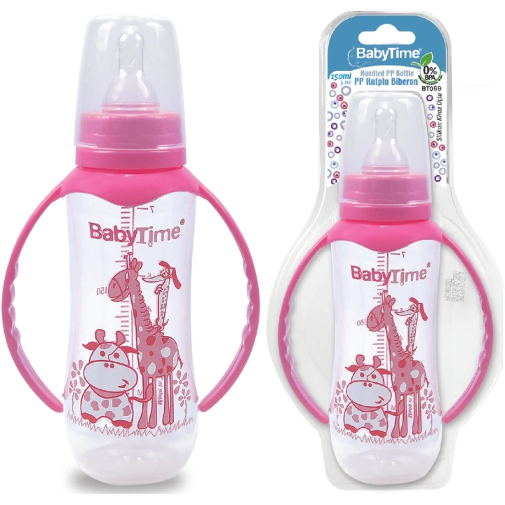 Baby Time Silikon Kiraz Uçlu Kulplu PP Biberon 250 ml - Pembe