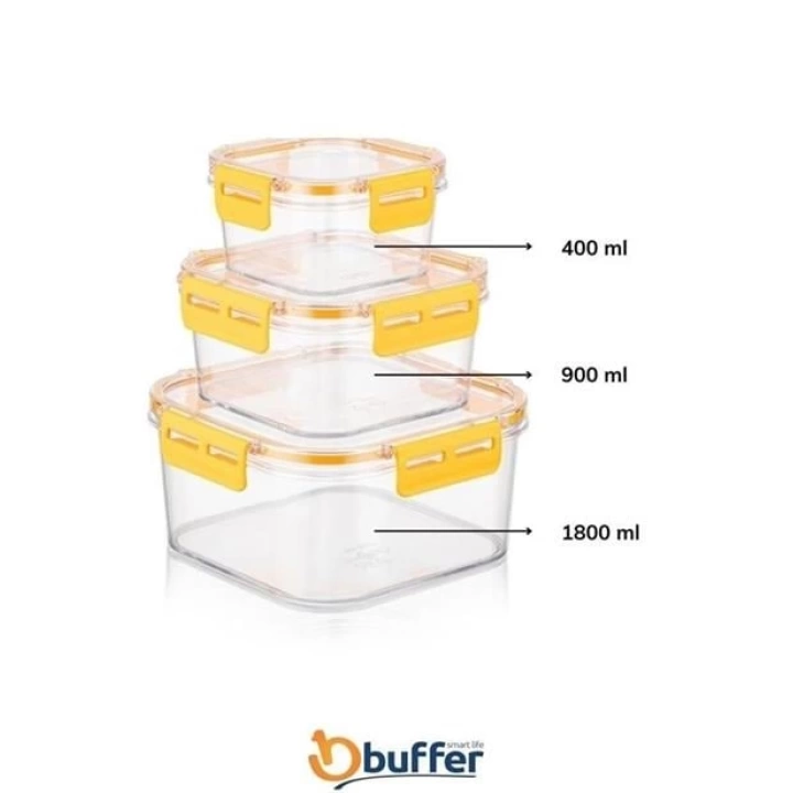 BUFFER® 3lü Pratik Silikon Contalı Sızdırmaz Kapaklı Sağlam İstiflenebilir Saklama Kapları