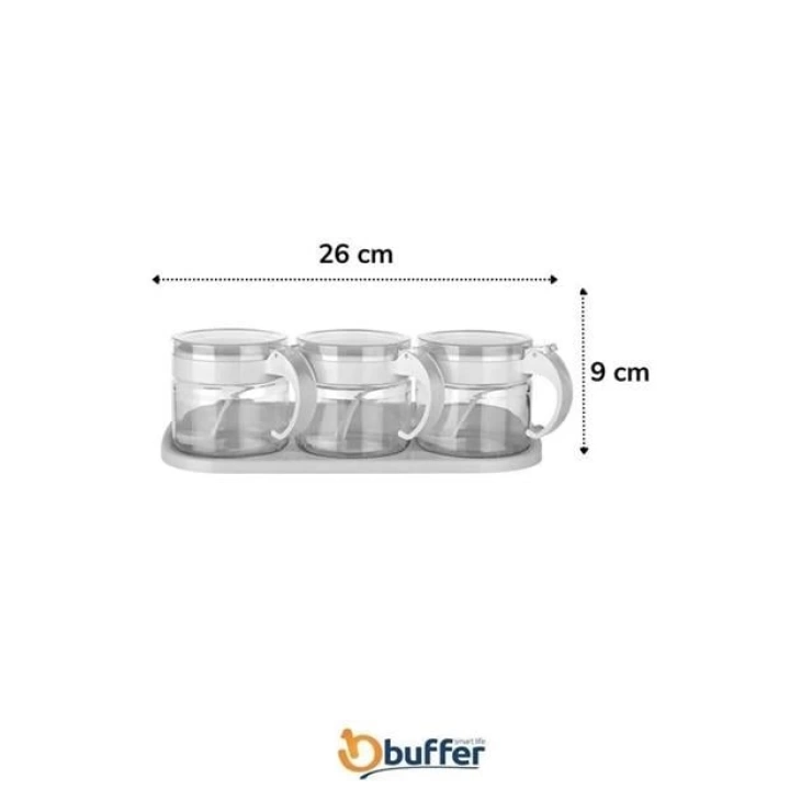 BUFFER®  Beyaz 3lü Standlı Kapaklı Kaşıklı Cam Hava Sızdırmaz Baharatlık Takımı KC-386