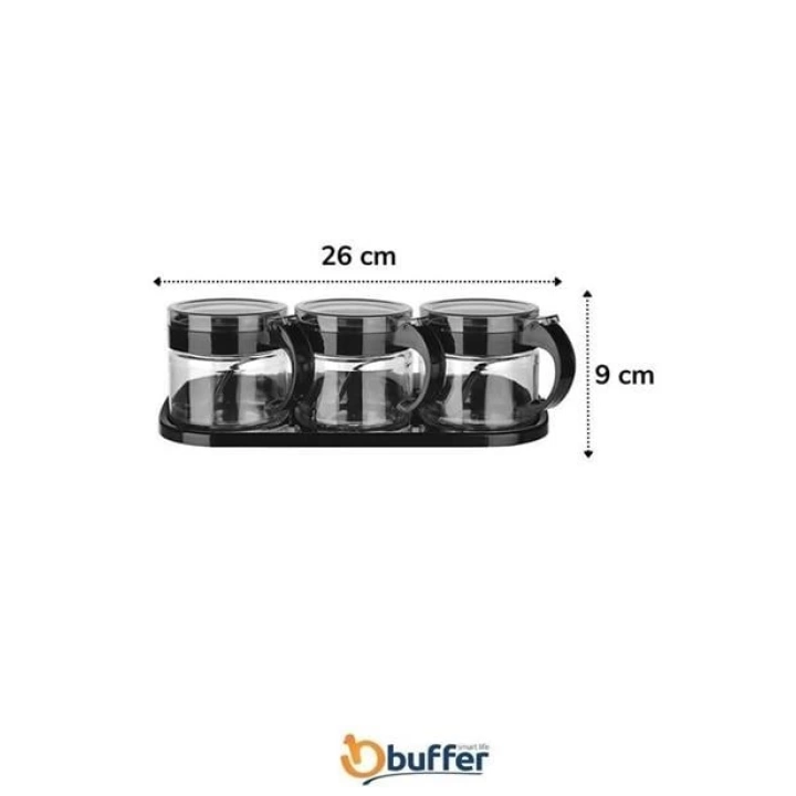 BUFFER®  Siyah 3lü Standlı Kapaklı Kaşıklı Cam Hava Sızdırmaz Baharatlık Takımı KC-386