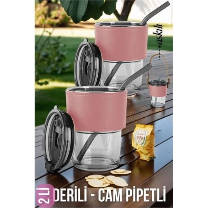 Derili Askılı Pipetli 2li Bardak Seti Pembe Exagres Design 719255