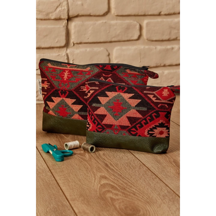 Desenli Deri Detay El Çantası Küçük,cmk-4a Kilim 1 Desen - Petrol Yeşili