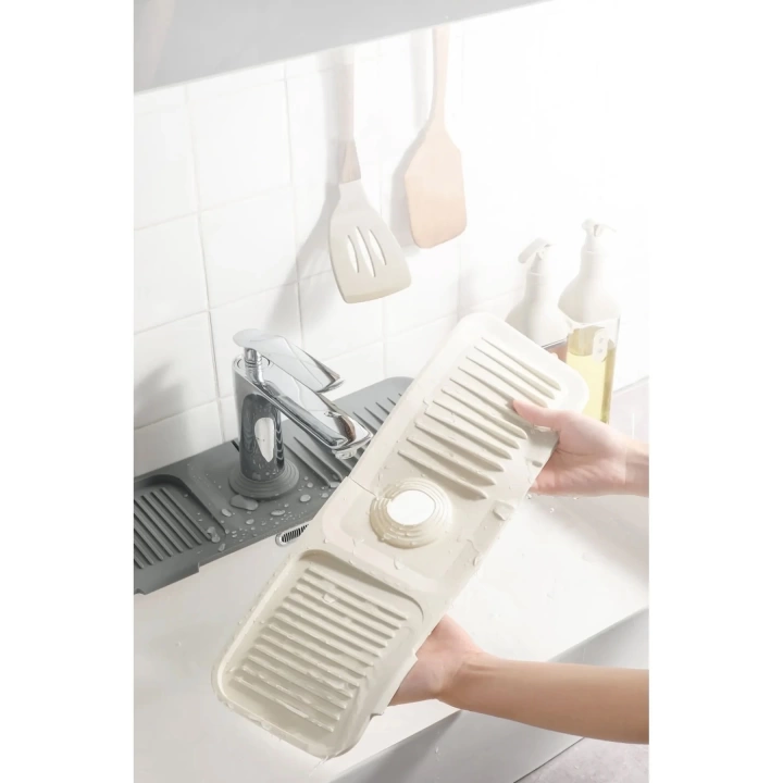 Elastik Musluk Matı Su Tutucu Düzenleyici Kaydırmaz Taban Organizer Mutfak Banyo Lavabo 38x14,5x2 Cm