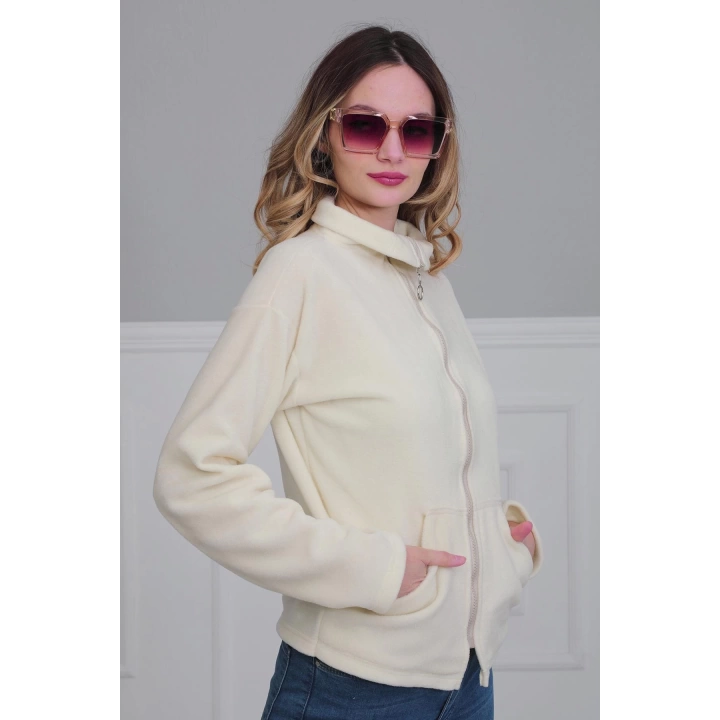 Fermuarlı Cepli Polar Sweatshirt,sw-4 Krem