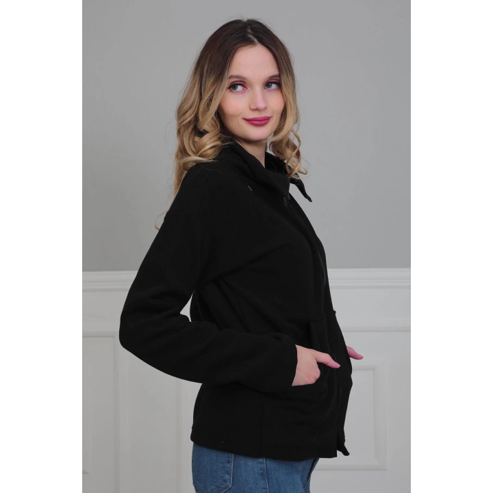 Fermuarlı Cepli Polar Sweatshirt,sw-4 Siyah