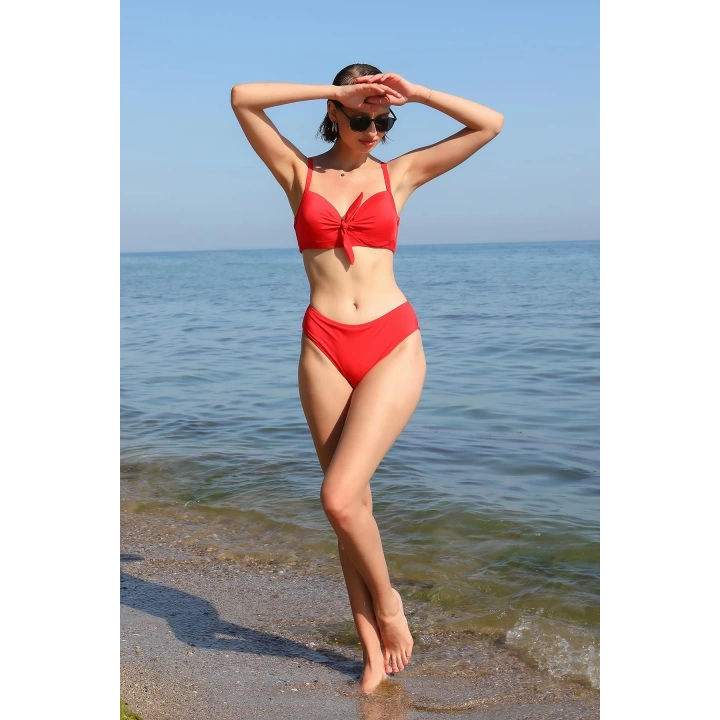 Hepsizen Kadın İçi Boş Fiyonklu Kaplı Alt Üst Bikini Takım Kırmızı 35011