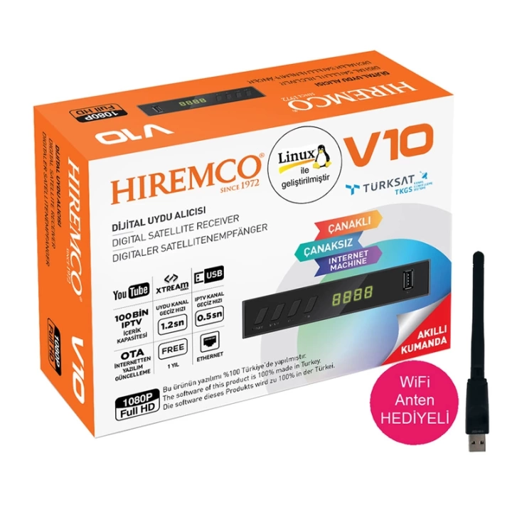 HIREMCO V10 ETHERNETLİ USB GİRİŞLİ YOUTUBE ÖZELLİKLİ LINUX TABANLI WİFİ ANTENLİ FULL HD ShopZum UYDU ALICISI