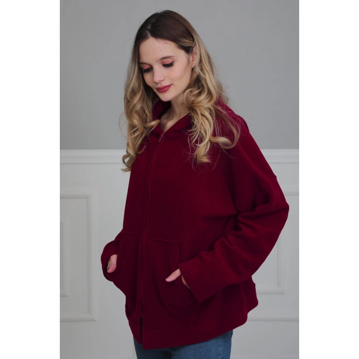 Kapüşonlu Fermuarlı Cepli Polar Sweatshirt,sw-3 Bordo