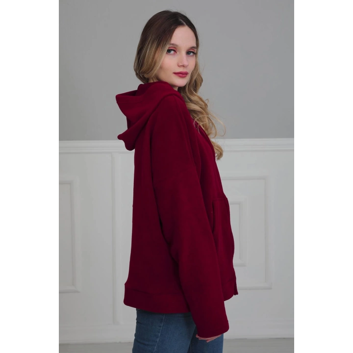 Kapüşonlu Fermuarlı Cepli Polar Sweatshirt,sw-3 Bordo